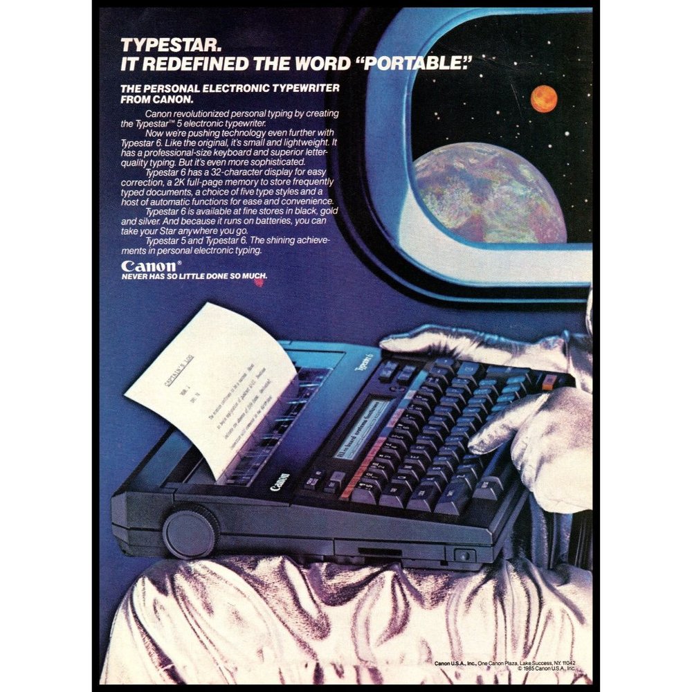 1985 Canon Typestar Personal Typewriter Vintage Print Ad Space Astronaut Drawing